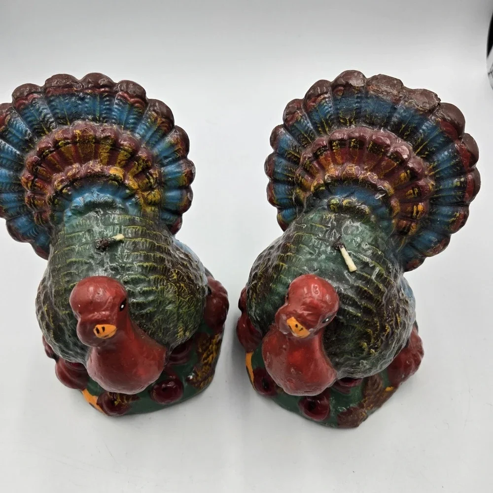 Set Vintage New Nos Turkey Candles Thanksgiving Fall 1950s MCM Colorful Primitiv